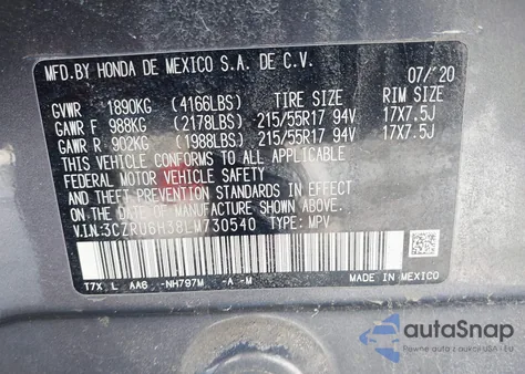 2020 Honda Hr-V Awd Lx z USA, uszkodzony, nr VIN 3CZRU6H38LM730540